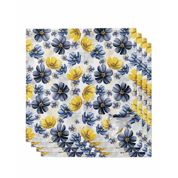 Blue Yellow Flower Cloth Napkins Set of 4 Reusable Dinner Napkins, Retro Country French Daisy Floral Cocktail Napkin Washable Table Napkins for Wedding/Holiday Party/Baby Shower 20"x20"