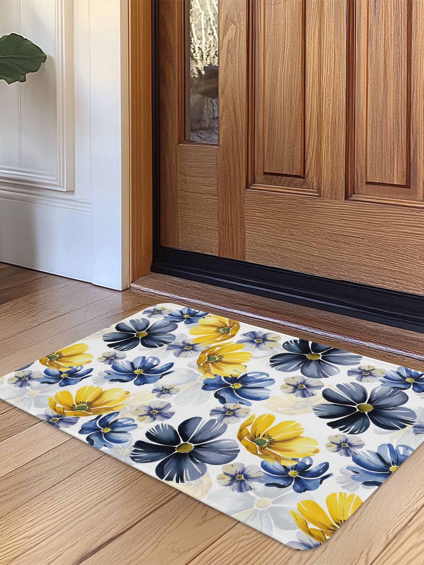Blue Yellow Flower Door Mat Indoor Outdoor Entrance,Non Slip Small Rug ...