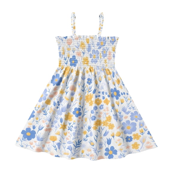 Blue Yellow Flower Pattern Girls' Casual Dresses 2Y-8Y Sleeveless ...