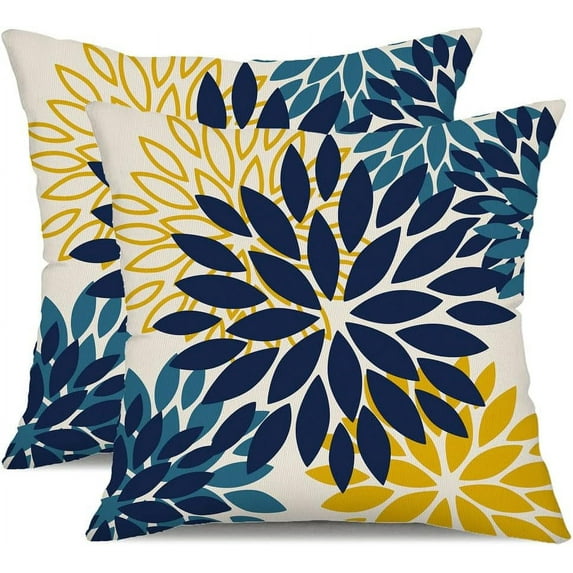 Blue Yellow Flower Pillow Covers 18x18 Inch Set of 2 Outdoor Throw Pillows Outdoor Waterproof Decor for Living Room Sofa Patio Funiture Garden Floral Polyester Pillow Covers 012D18