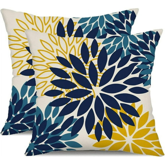 Blue Yellow Flower Pillow Covers 18x18 Inch Set of 2 Outdoor Throw Pillows Outdoor Waterproof Decor for Living Room Sofa Patio Funiture Garden Floral Polyester Pillow Covers 012D18
