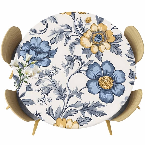 Blue Yellow Flower Round Tablecloth 36-44 Inch Round Fitted Table Cloth with Elastic Edge, Vintage Abstract Botanical Leaf Waterproof Table Cover Protector for Outdoor Picnic Party Dining