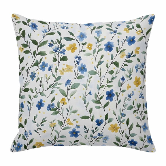 Blue Yellow Flower Throw Pillow Cover Watercolor Leaf Cotton Linen Cushion Cover Throw Pillow Case with Invisible Zipper for Couch Sofa Bed Chair Car 16x16 Inch