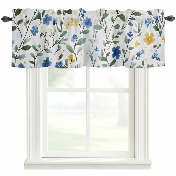 Blue Yellow Flower Valances for Windows Watercolor Leaf Rod Pocket Curtain Valance Window Treatment Short Curtains for Kitchen Living Room, 42"x18"