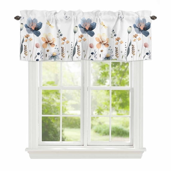 Blue Yellow Flower Window Valance for Kitchen, Watercolor Spring Country Yellow Blue Floral Dragonfly Rod Pocket Short Curtain for Small Windows, Light Filtering Decorative Valance, 56 x 16 Inch