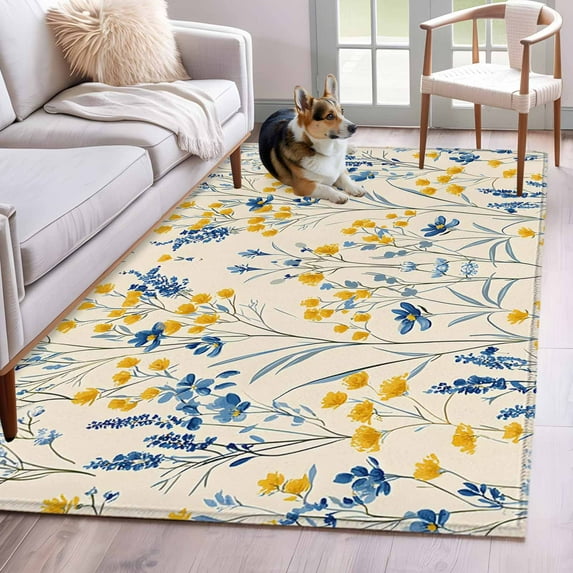 Blue Yellow Flowers Area Rug 3x5 Washable Rug Non Slip Botanical Blossom Motif Large Area Rug Indoor Floor Carpet for Entryway Bedroom Kitchen Living Room Home Office Dining Room Nursery