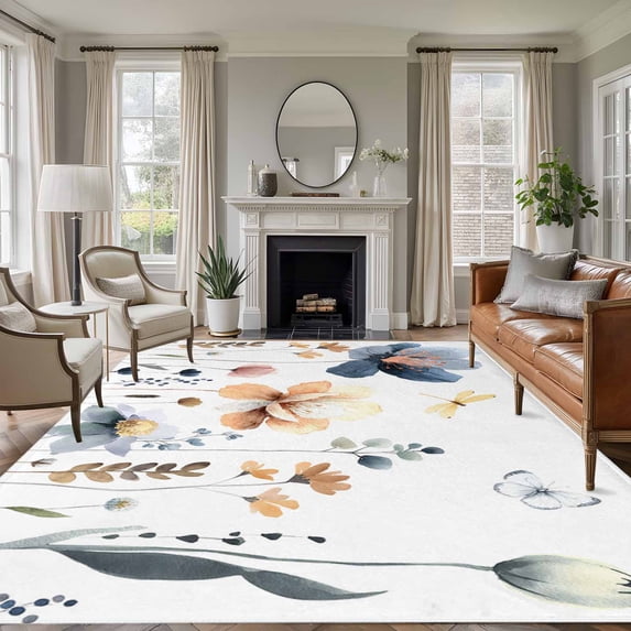 Blue Yellow Flowers Area Rugs 5'x7', Washable Small Throw Rugs for Laundry Room Playroom, Spring Summer Garden Wildflowers Indoor Outdoor Rug Non-Slip Low Pile Carpet Runner Reversible Floor Mats