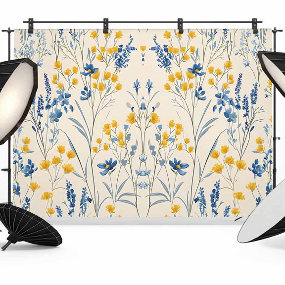 Blue Yellow Flowers Backdrop for Photography, Fabric Photo Background Backdrop, Botanical Blossom Motif Photo Booth Background for Portrait Photoshoot Video Wedding Studio Decoration Banner 8x6ft