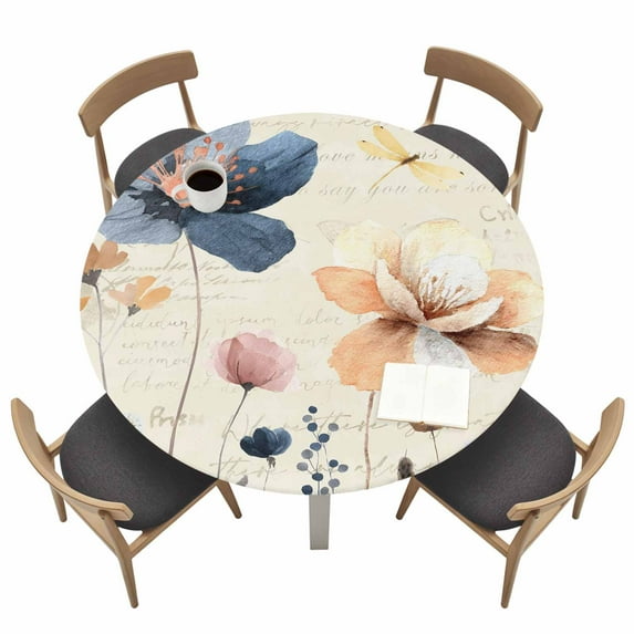 Blue Yellow Flowers Fitted Tablecloth with Elastic Edged, Round Table ...
