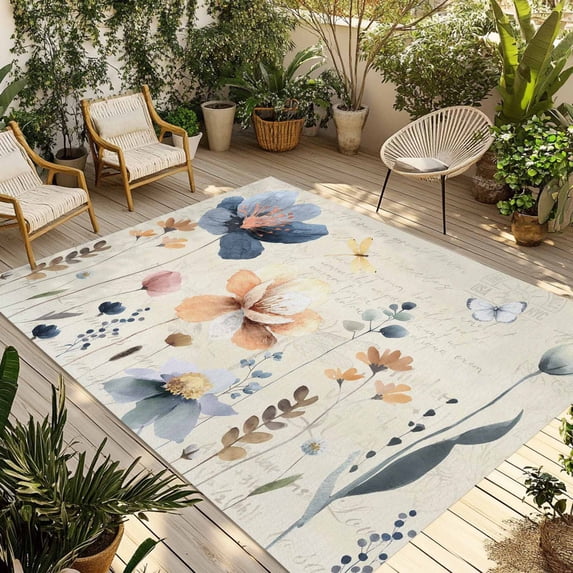 Blue Yellow Flowers Outdoor Rug for Patio/Deck/Porch, Non-Slip Large Area Rug 6 x 9 Ft, Spring Summer Garden Wildflowers Retro Indoor Outdoor Rugs Washable Area Rugs, Camping Rug Carpet Runner