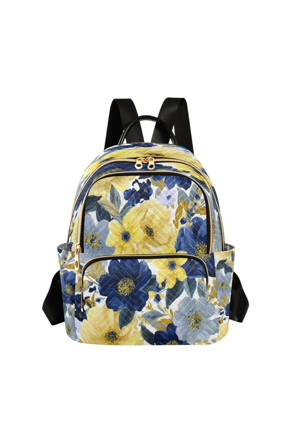 Blue Yellow Flowers Painting Quilted Backpack Fashion Daypack Commuter Bag for Women 14 L