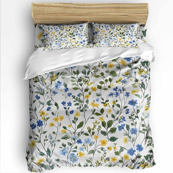 Blue Yellow Flowers Queen Size Comforter Set, Watercolor Leaf Spring Plant Soft Bedding for All Seasons, 4 Pcs Bed Set with 1Comforter (90"x92") ,1 Sheet(94"x116"), 2 Pillowcases (19"x29")