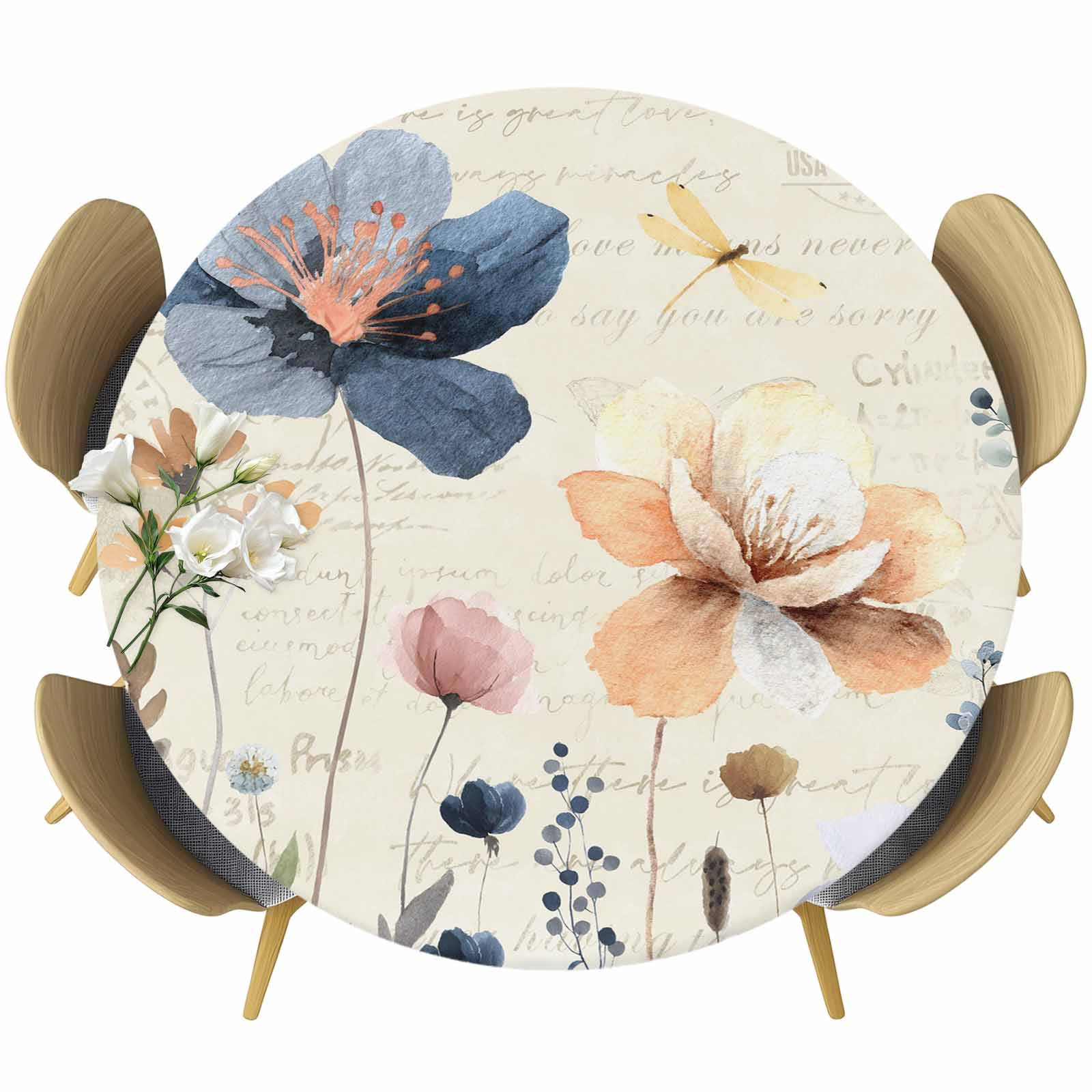 Blue Yellow Flowers Round Tablecloth, Fitted Table Cover with Elastic ...