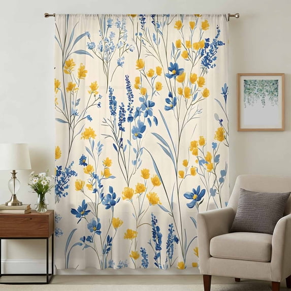 Blue Yellow Flowers Sheer Curtains 84 Inches Long, Botanical Blossom Motif Light Filering Curtains, Breathable Simi Curtain Privacy Drapes for Living Room Bedroom Lightweight Window Treatment