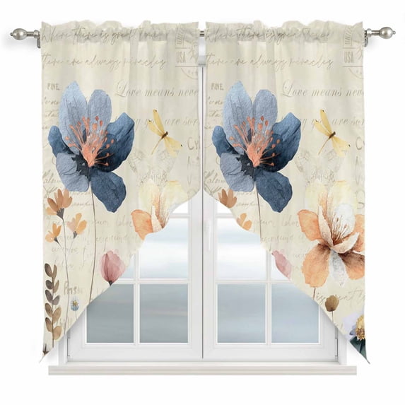 Blue Yellow Flowers Swag Valances for Windows 2 Pack, Kitchen Window Curtains 36 Inch Length, Spring Summer Garden Wildflowers Retro Privacy Swag Curtains for Living Room/Bathroom 36"x36"