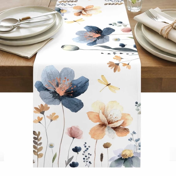 Blue Yellow Flowers Table Runner - 70 Inch Long, Kitchen Dining Table Runner Dresser Scarves, Spring Summer Garden Wildflowers Farmhouse Decor for Coffee Tables Wedding Party Banquet