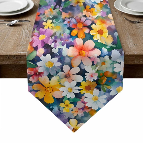 Blue Yellow Flowers Table Runner Linen Burlap Table Runner 72 Inches Long Spring Daisy Pastoral Botanical Dresser Scarves for Kitchen Island Coffee Dining Room Party Holiday Decoration 13"x72"