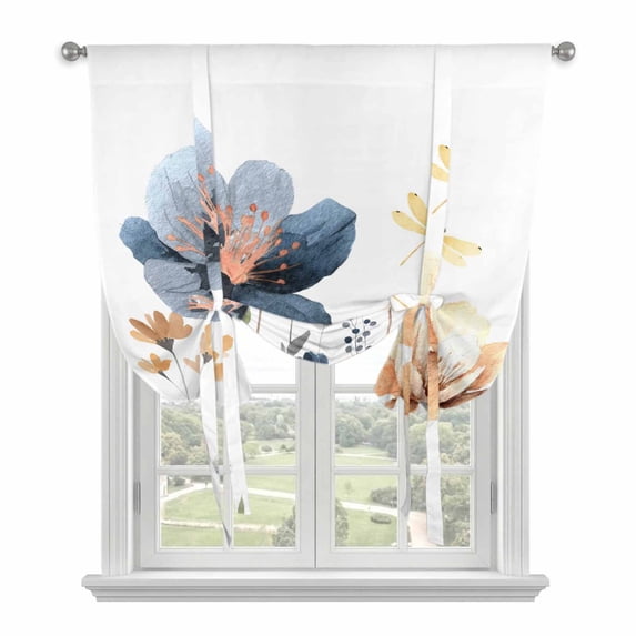Blue Yellow Flowers Tie Up Curtains 45 Inches Long, Kitchen Window Curtains Over Sink, Spring Summer Garden Wildflowers Small Window Curtains Shade Balloon Curtains Valances for Bedroom/Cafe 34"x45"