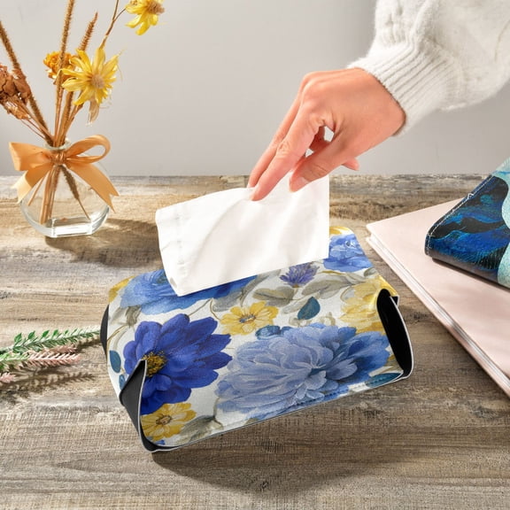 Blue Yellow Flowers with Buds and Leaves Leather Tissue Box Cover Rectangle Tissue Holder Foldable