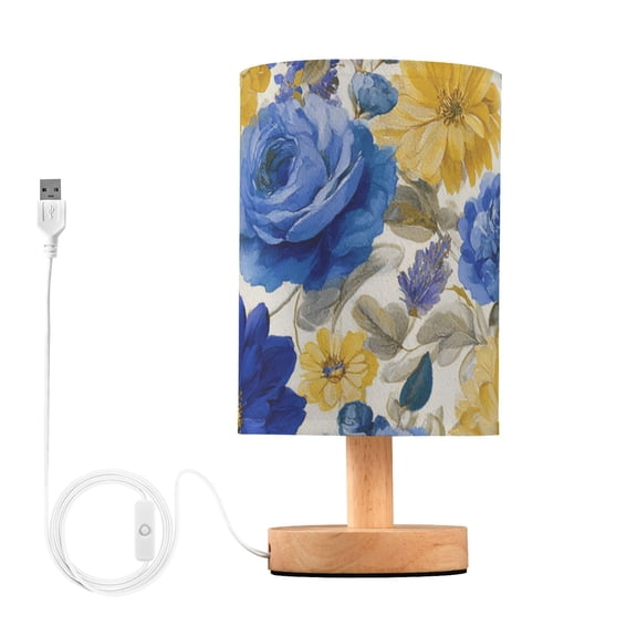 Blue Yellow Flowers with Buds and Leaves Table Lamp with USB Port LED Warm Light Lamp Night Light Home Decor
