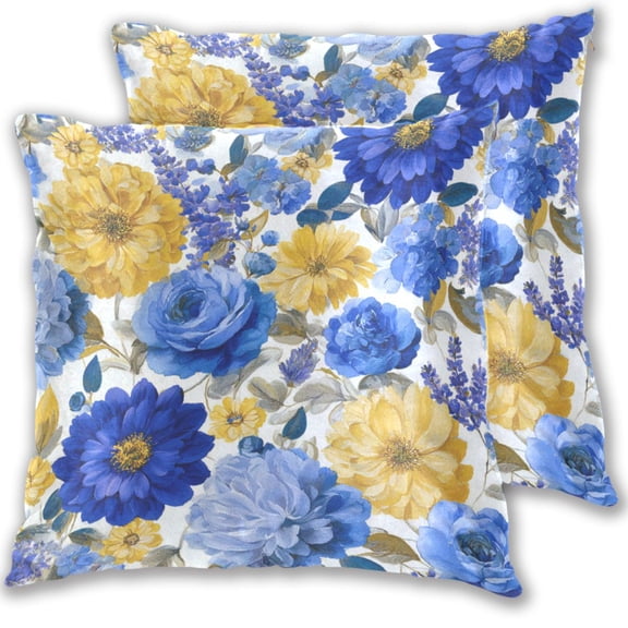 Blue Yellow Flowers with Buds and Leaves Throw Pillow Covers Pillowcases 18 x 18 Inch Home Decor 2 Packs for Bedroom Sofa