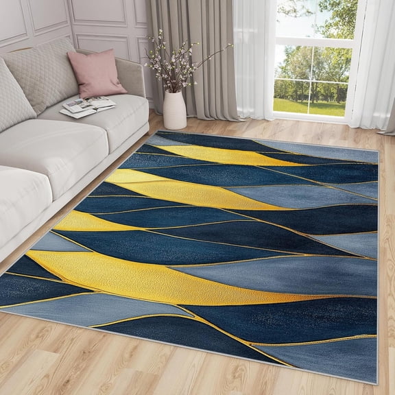 Blue Yellow Geometric Area Rug, Abstract Artistic Pattern Carpet, Washable Non Slip Low Pile Soft Thin, Living Room Bedroom Study Entrance Home Decor Mat 2x3ft(Small)