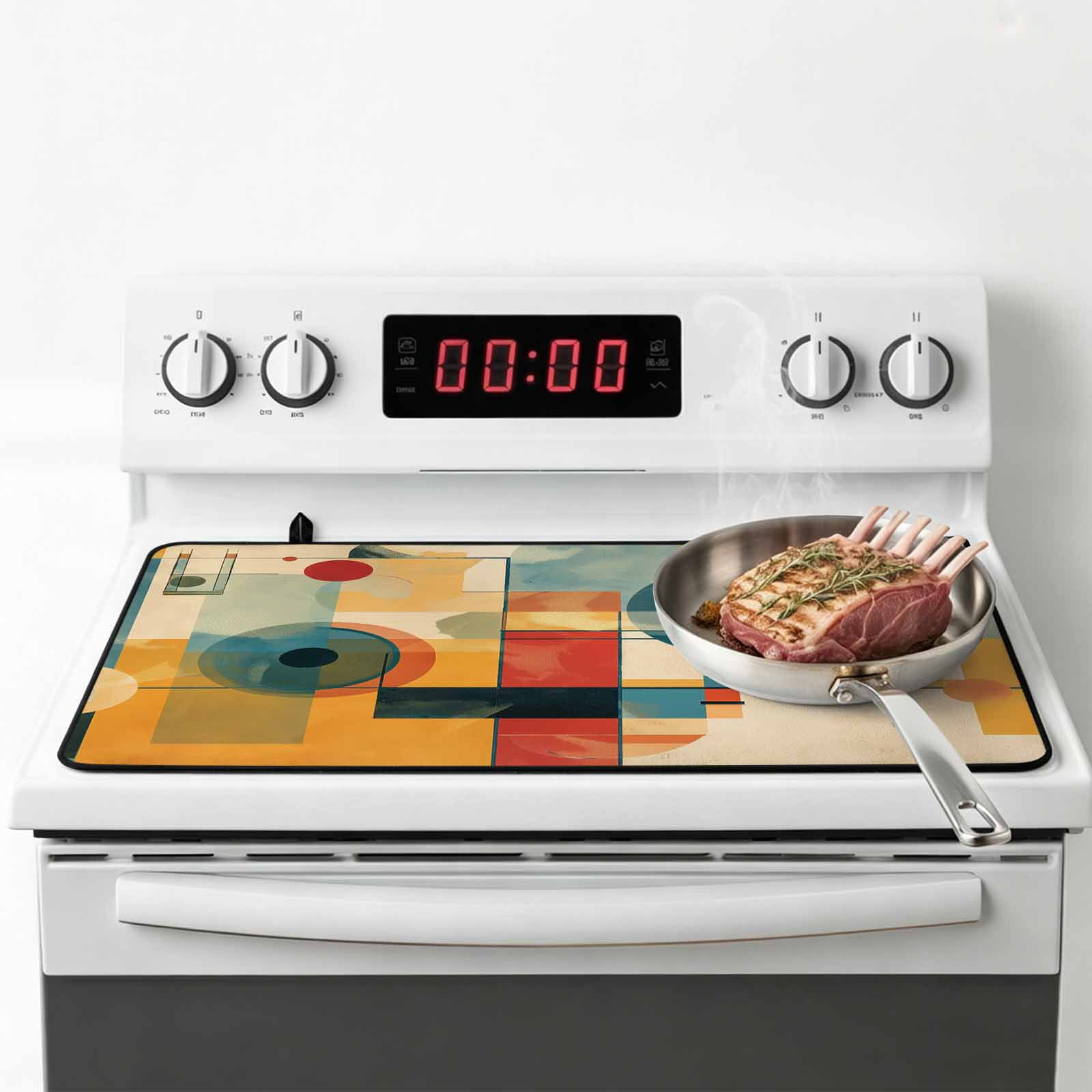 Blue Yellow Geometric Stove Top Cover for Electric Stove, Heat-proof & Non Slip Glass Top Stove Cover Protector, Vintage Oil Painting Abstract Art Kitchen Flat Cooktop Rubber Mat 24x21 Inches