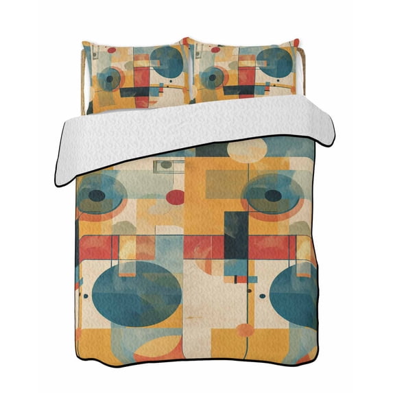 Blue Yellow Geometric Summer Quilt Set Queen Size,Soft Quilted Bedding Set with 2 Pillow Shams,Vintage Oil Painting Abstract Art Lightweight All Season Bedspread Coverlet for Bedroom 90"x96"