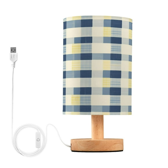 Blue and Yellow Gingham Small Lamp Printed Gifts Table Lamp USB Bedside Desk Nightstand Lamp Wood Base for Bedroom Living Room Office Desk College Dorm