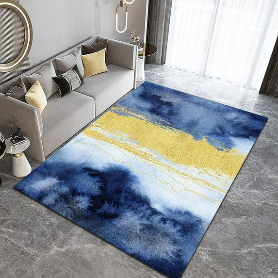 Blue-Yellow Gradient Carpet, Marble Area Rugs, Doormat Fine Pile High Density Comfortable Foot Feeling Suitable For Living Room Study Bedroom 5x6ft