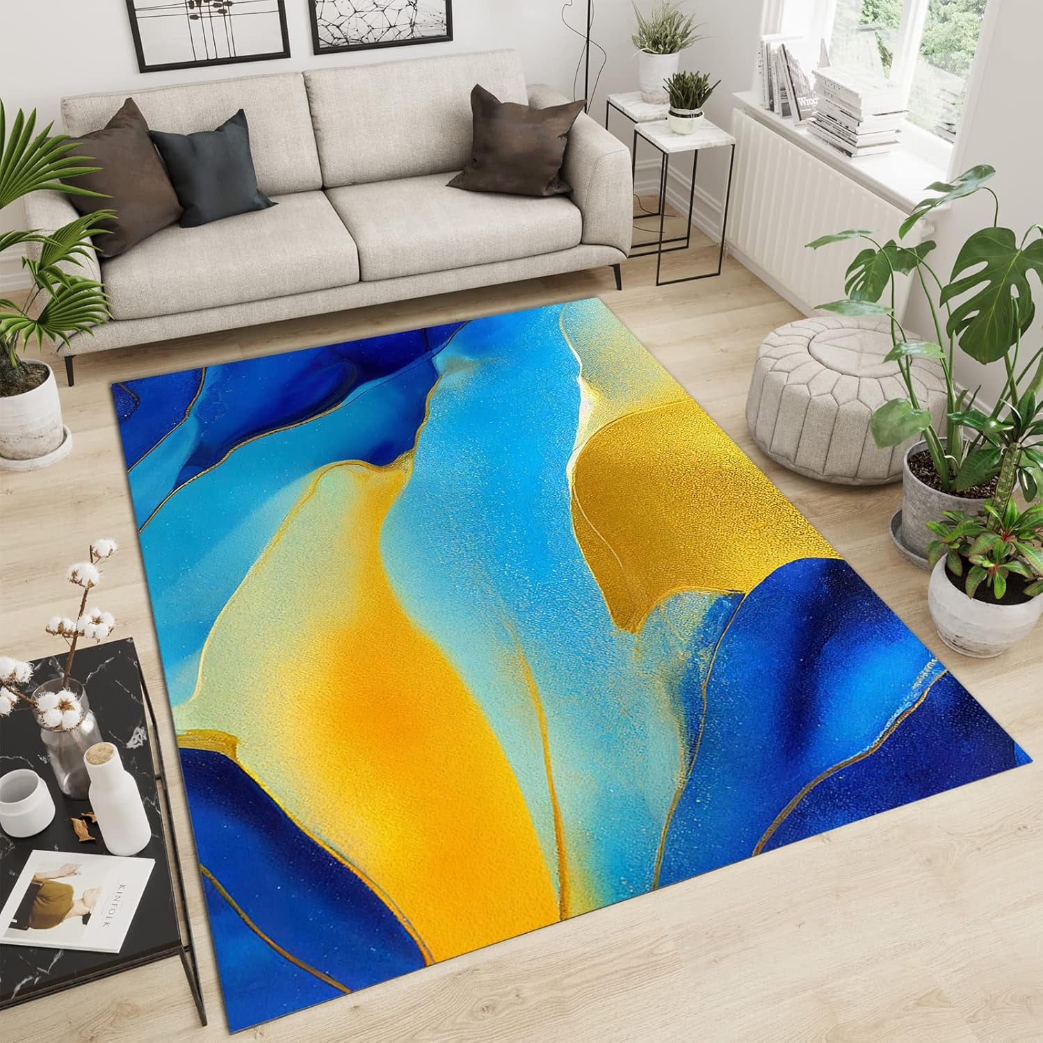 Blue Yellow Gradient Pattern Area Rugs, Marble Square Rug Apartment ...