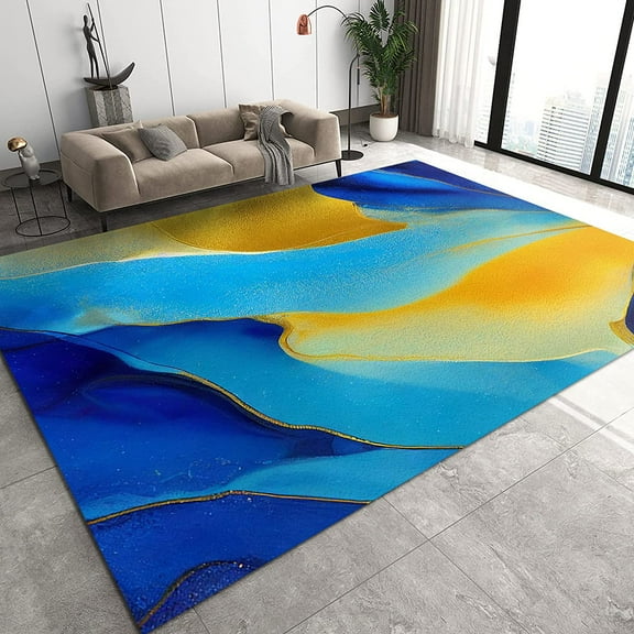 Blue Yellow Gradient Pattern Area Rugs, Marble Square Rug Apartment Carpet, Rug Pad High Density Dust-Proof Apply to Office Family and Pet,2x3ft