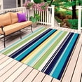 thumbnail image 1 of Blue Yellow Green Striped Outdoor Rug for Patio/Deck/Porch, Non-Slip Large Area Rug 5 x 7 Ft, Farmhouse Vintage Stripe Indoor Outdoor Rugs Washable Area Rugs, Reversible Camping Rug Carpet Runner, 1 of 8