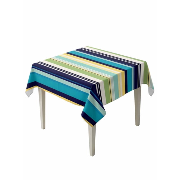Blue Yellow Green Striped Table Cloth, Waterproof Tablecloth for Square Tables, Farmhouse Vintage Stripe Reusable Washable Fabric Table Cover for Restaurant Kitchen Dining Tables 54"x54"