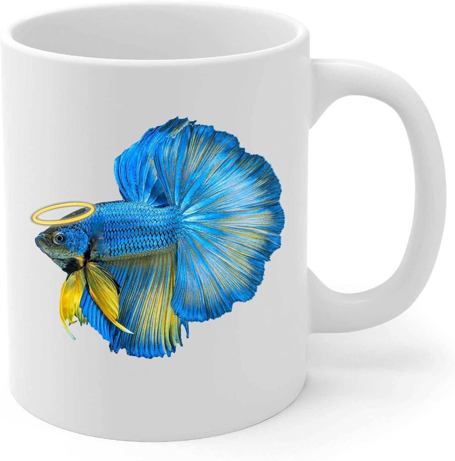 Blue Yellow Halfmoon Betta Fish Angel Wings Memorial Coffee Mug