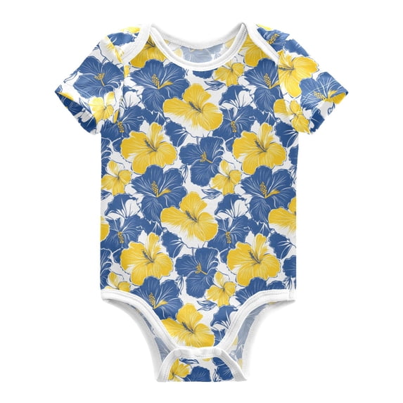 Blue Yellow Hibiscus Pattern Baby Bodysuits 100% Cotton Short Sleeve ...