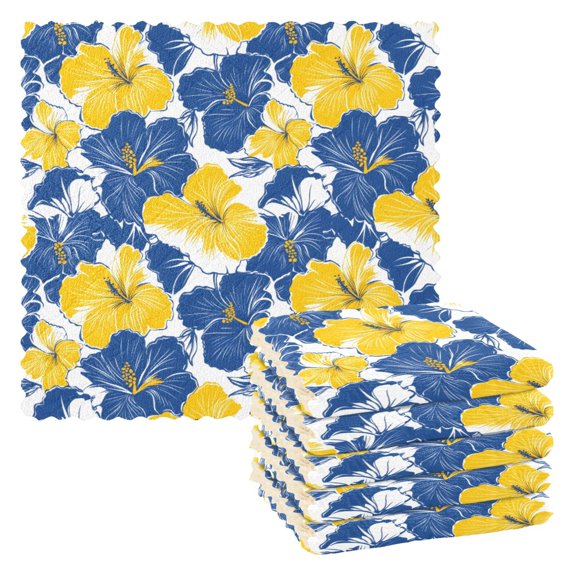 Blue Yellow Hibiscus Pattern Dish Towels 6 Pack Kitchen Cleaning Dish Cloths Absorbent Reuseable Cleaning Cloths 11'' x 11''