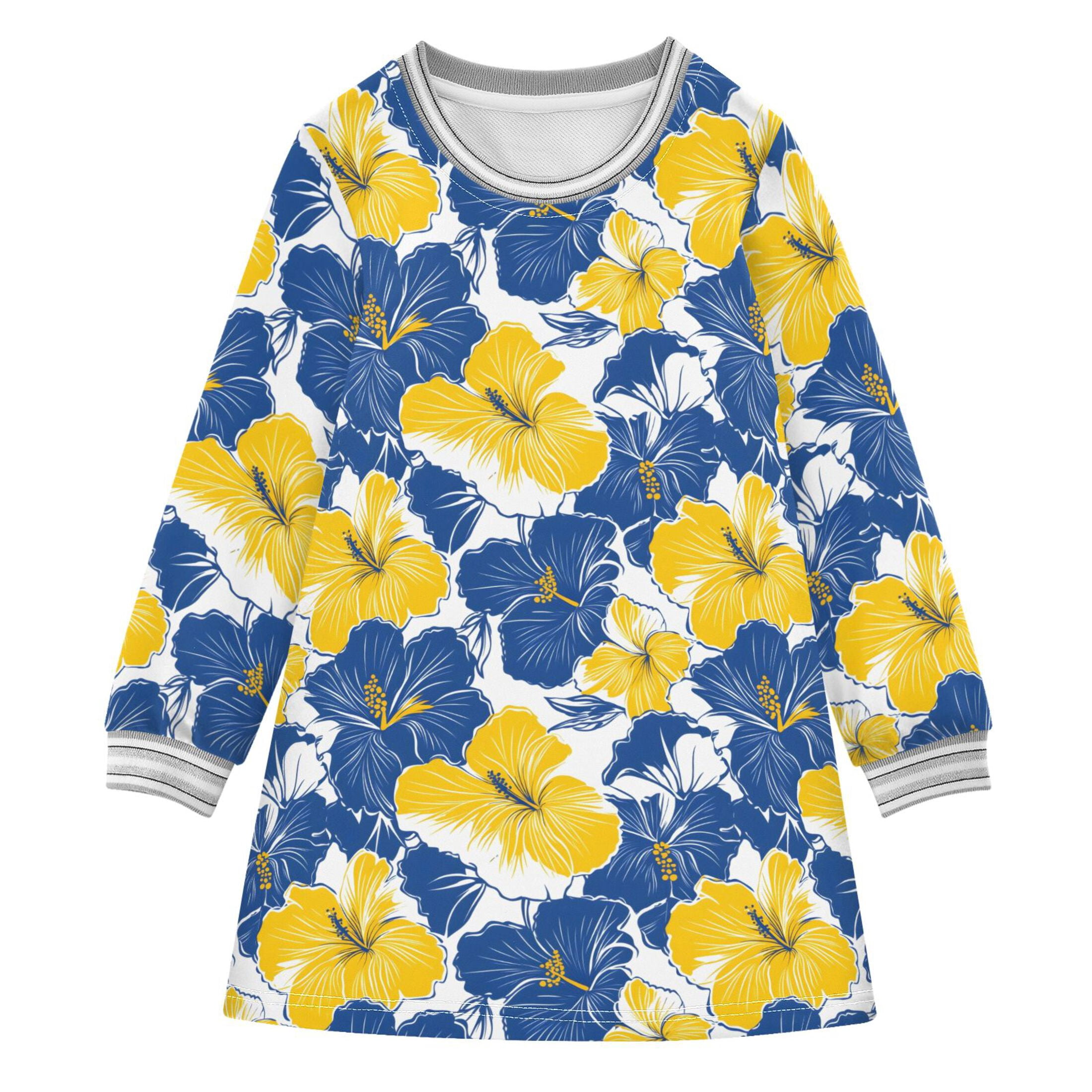 Blue Yellow Hibiscus Pattern Girls'long-sleeved dress Thickened A-dress ...
