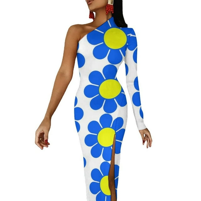 Blue Yellow Hippy Flower Daisy Half Dleeve Split Dress Long veiled