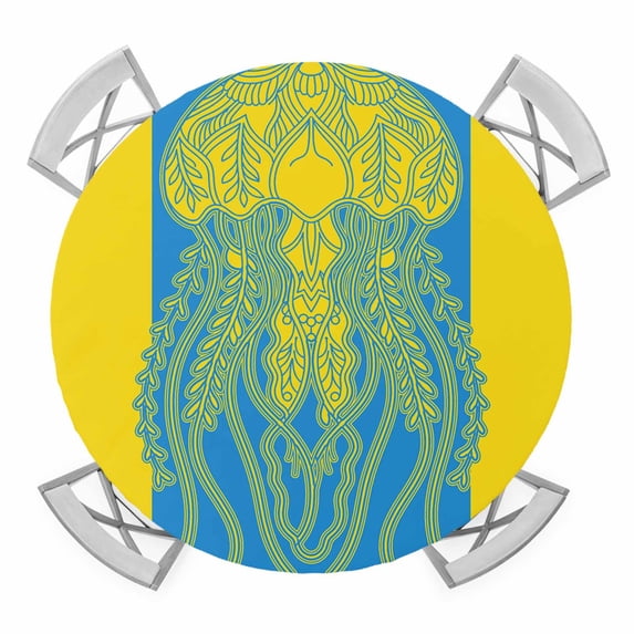 Blue Yellow Jellyfish Round Fitted Tablecloth with Elastic Edge, Waterproof Table Cloth Table Cover for 55"-60" Tables, Summer Beach Coastal Modern Art Tablecloths for Dining Picnic Indoor Outdoor
