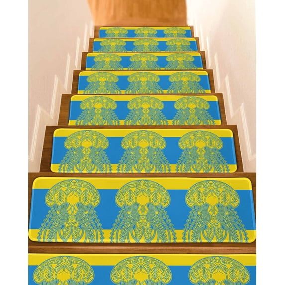 Blue Yellow Jellyfish Stair Treads Non Slip Indoor for Wooden Steps, Summer Beach Coastal Modern Art 7 Pcs Stair Mats for Elders Dogs, 8 x 30 Inch Carpet Treads Runner Rugs for Staircase