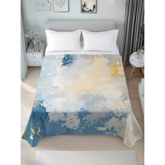 Blue Yellow King Size Flat Sheet, Wrinkleproof & Fadeproof Cooling Flat Bed Sheet Only, Modern Vintage Oil Painting Abstract Breathable Soft Bedding Top Sheets 105 x 98 Inches