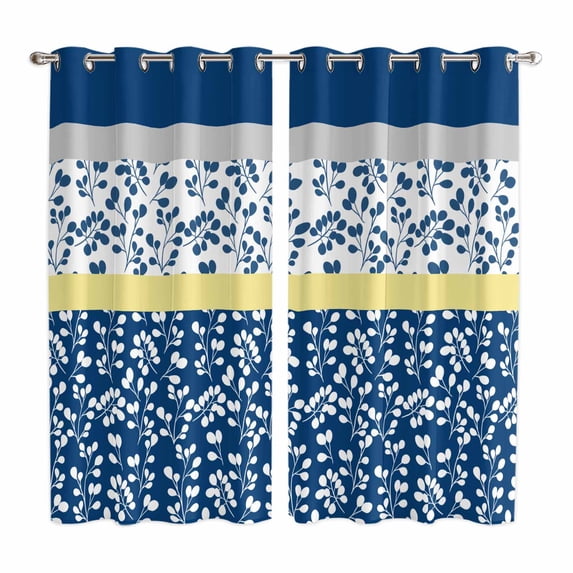 Blue Yellow Kitchen Curtains 84 Inch Length, Botanical Floral Motifs Wildflower Striped Grommet Top Bedroom Living Room Curtains, Light Filtering Cafe Curtain Drapes 2 Panels Set 104''x84''