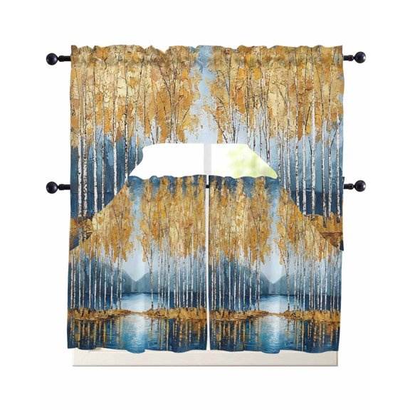 Blue Yellow Kitchen Curtains Sets 36 Inch Length with Valance, Modern Abstract Oil Expressionism Swag Valances and Tiers Curtain Set Drapes Swag Curtains for Living Room, Bathroom, Bedroom, Cafe