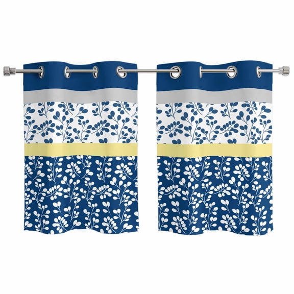 Blue Yellow Kitchen Curtains Small Short 39 Inch Length, Botanical Floral Motifs Wildflower Striped Grommet Bedroom Living Room Curtains, Light Filtering Cafe Curtain Drapes 2 Panels Set 55''x39''