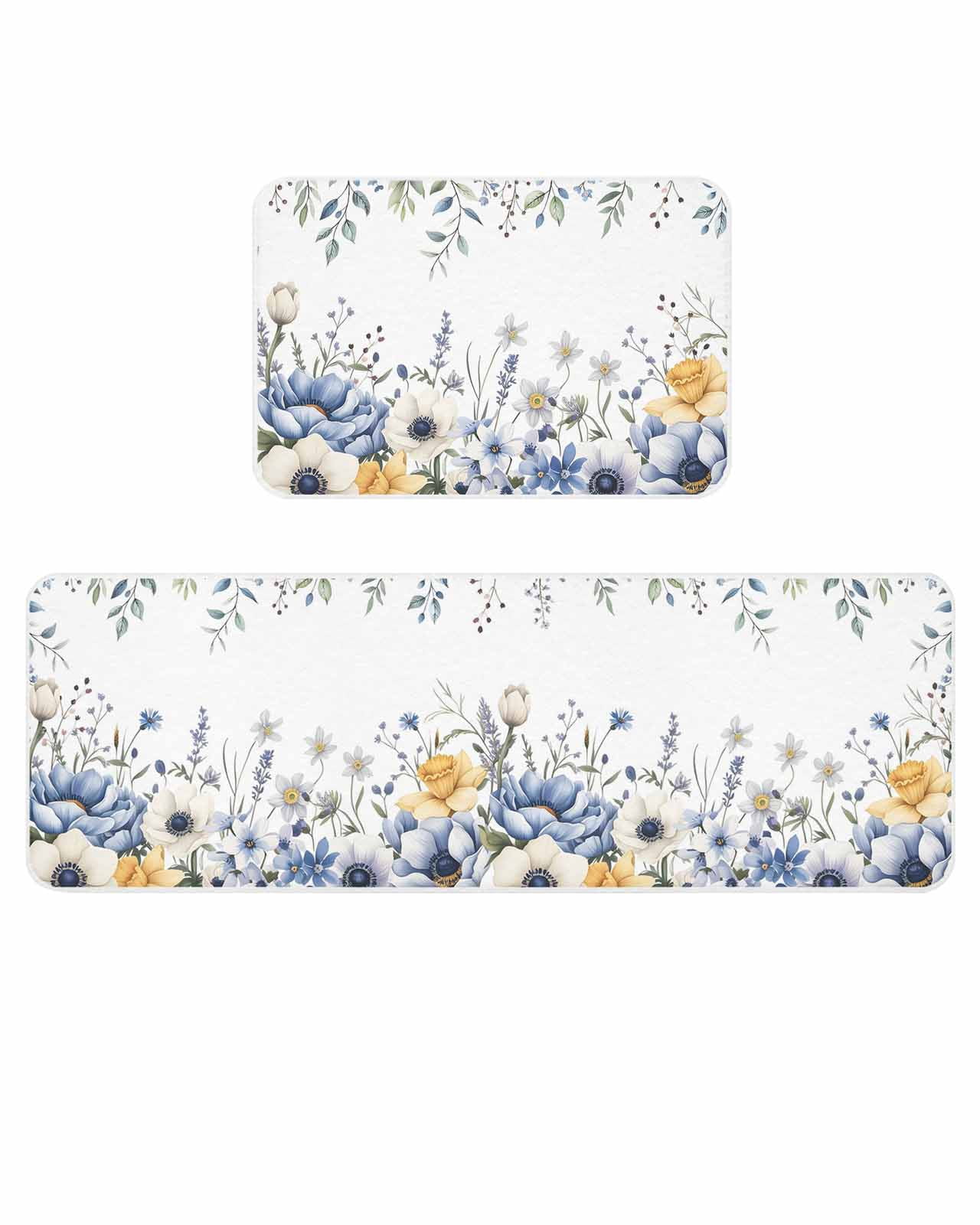 Blue Yellow Kitchen Mats for Floor 2 Piece, Flowers Eucalyptus Leaves ...