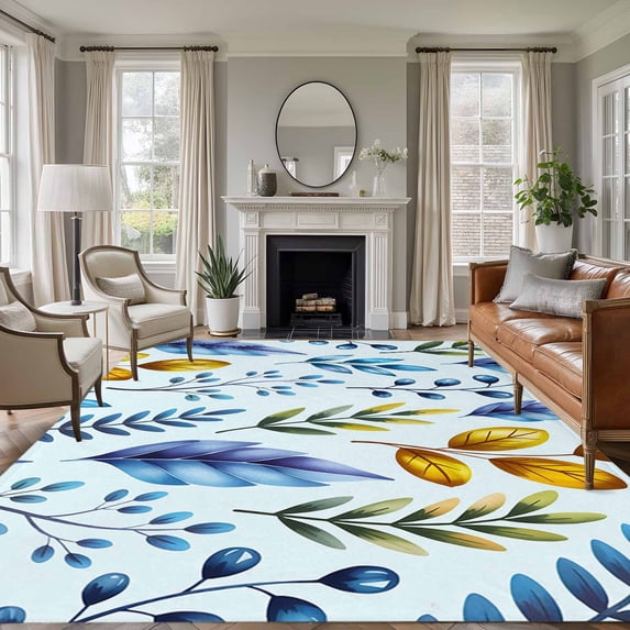 Blue Yellow Leaves Area Rugs 5'x7', Small Throw Rugs for Laundry Room Playroom, Spring Botanical Leaf Farmhouse Watercolor Indoor Outdoor Rug Non-Slip Low Pile Carpet Runner Reversible Floor Mats