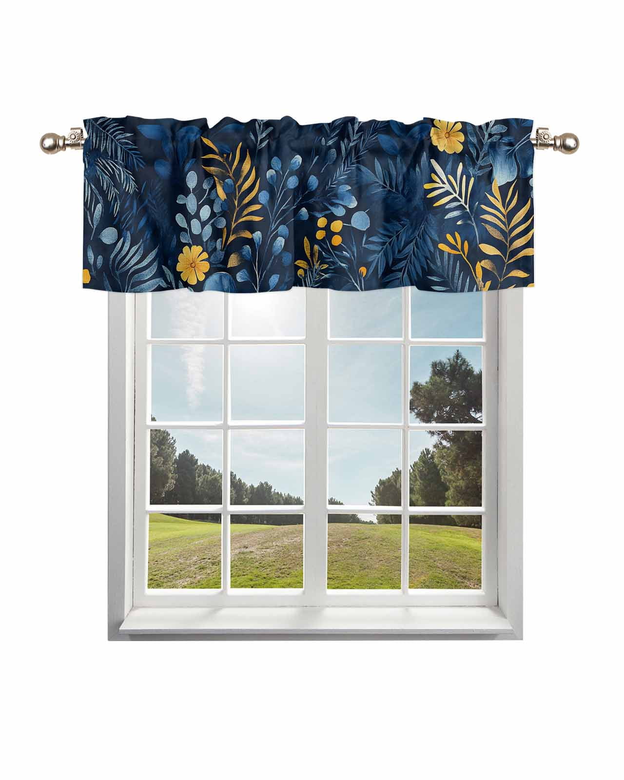 Paster Window Blue Yellow Leaves Curtain Valance for Windows/Living Room/Kitchen ...