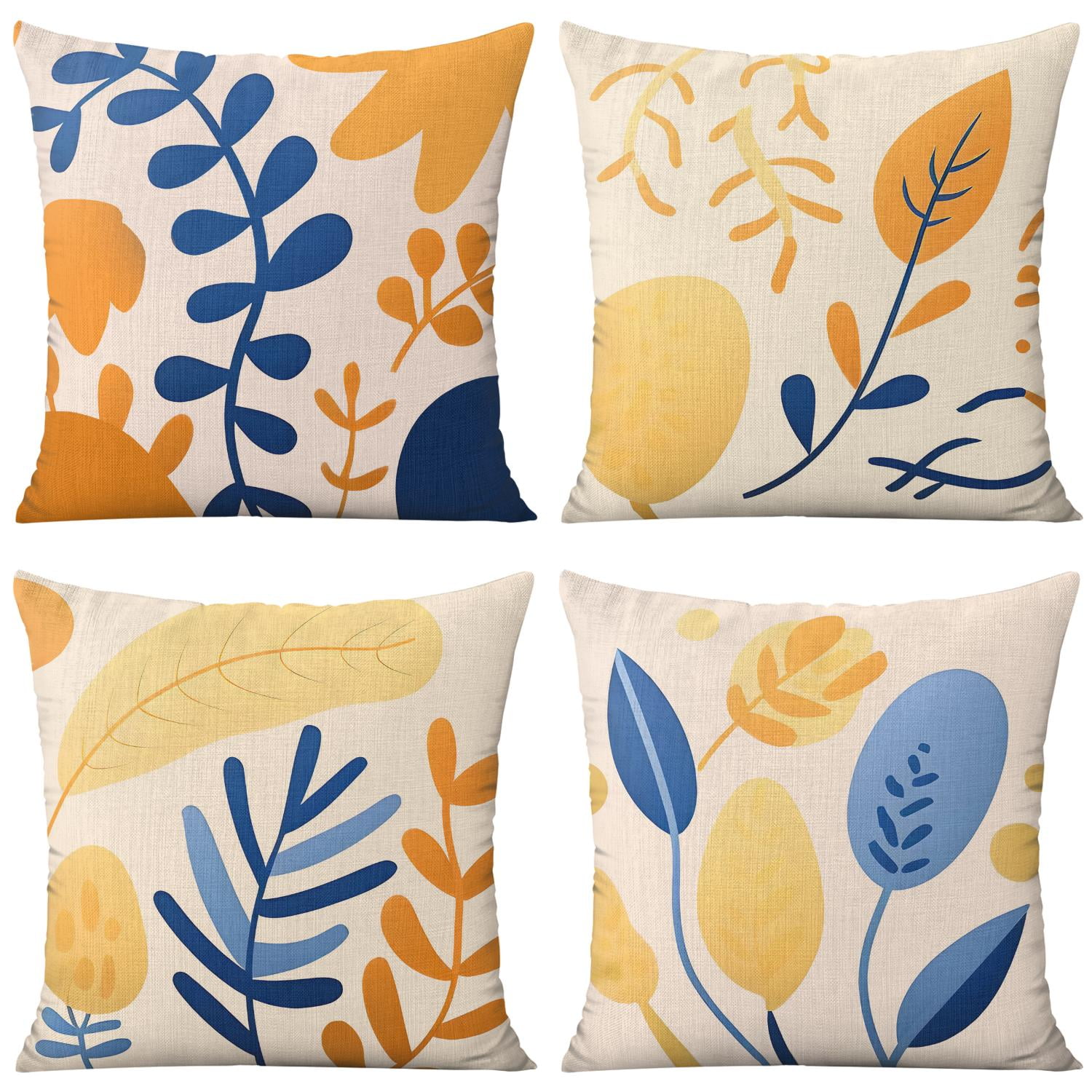 Blue Yellow Leaves Farmhouse Decor Throw Pillow Covers 16 X 16 Inch, Set Of 4, Linen Study Sofa Cushion Cover Indoor Living Room Home Decor