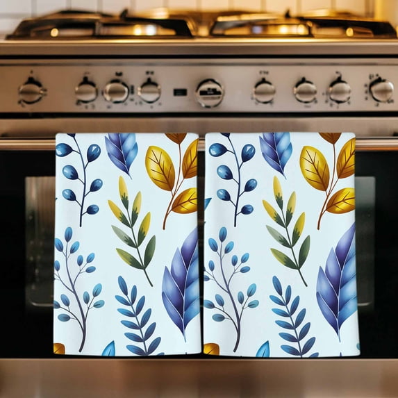 Blue Yellow Leaves Kitchen Towels Set of 2, Spring Botanical Leaf Farmhouse Watercolor Absorbent Dish Towels for Kitchen, Microfiber Hand Towel, Quick Drying Tea Towel for Cleaning Dishcloths